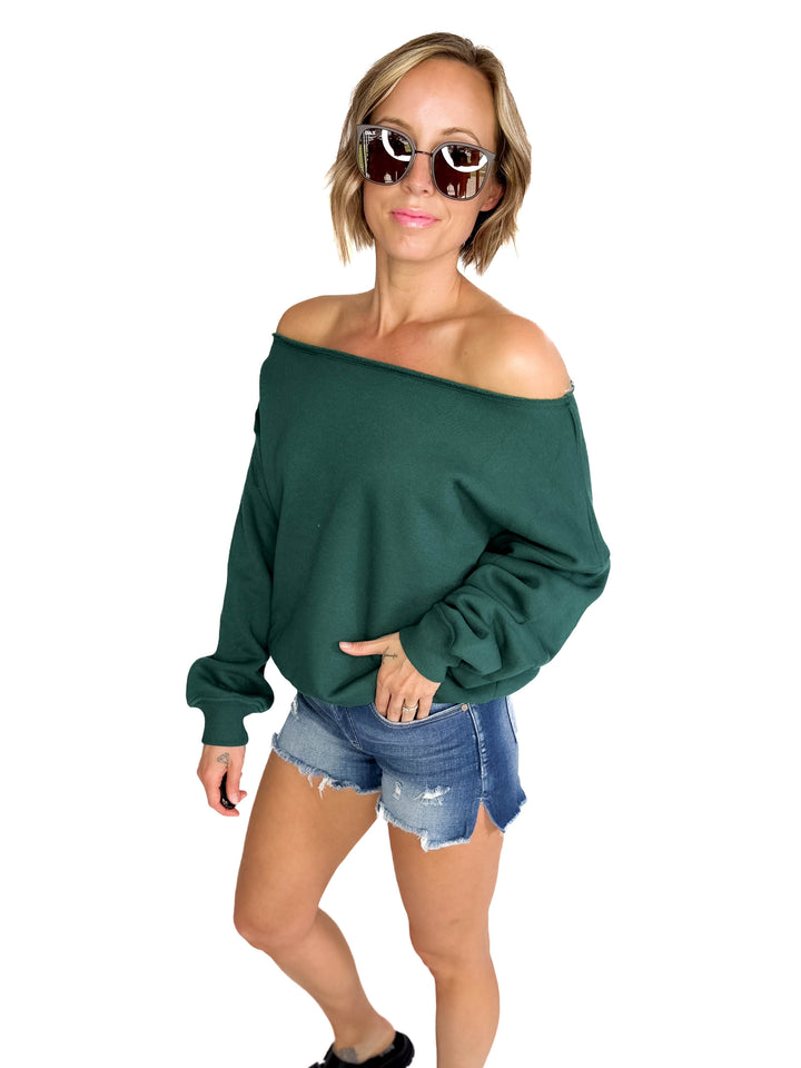 Janice Fleece Off Shoulder Top- HUNTER GREEN-FINAL SALE