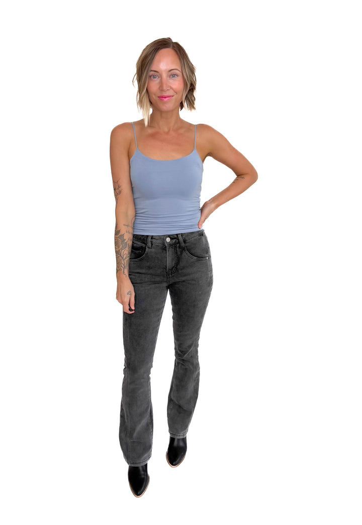 Mica Ria High Rise Bootcut Side Panel Tummy Tuck Jeans- MATTE BLACK