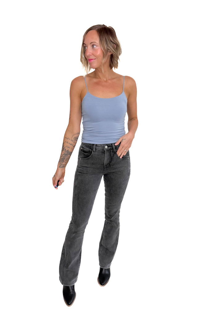 Mica Ria High Rise Bootcut Side Panel Tummy Tuck Jeans- MATTE BLACK