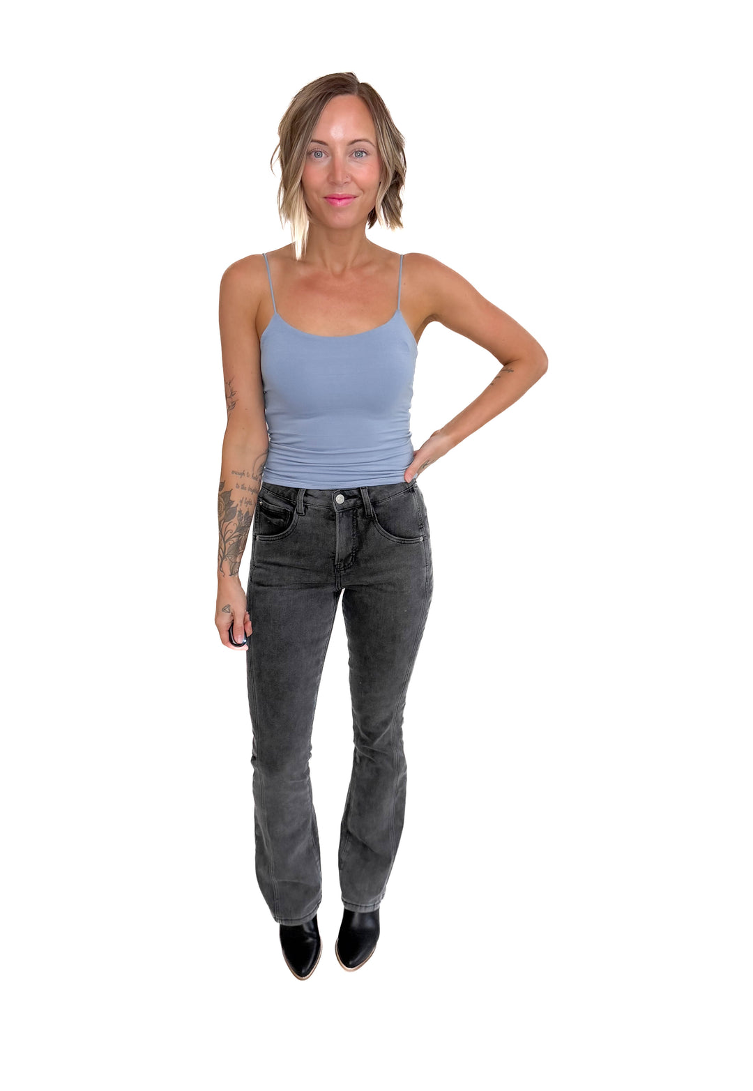 Mica Ria High Rise Bootcut Side Panel Tummy Tuck Jeans- MATTE BLACK