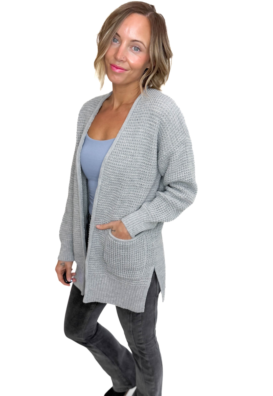 Marley Waffle Cardigan- HEATHER GREY