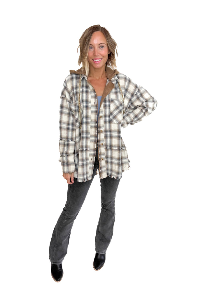 Erin Hooded Plaid Button Down Jacket- MOCHA NAVY