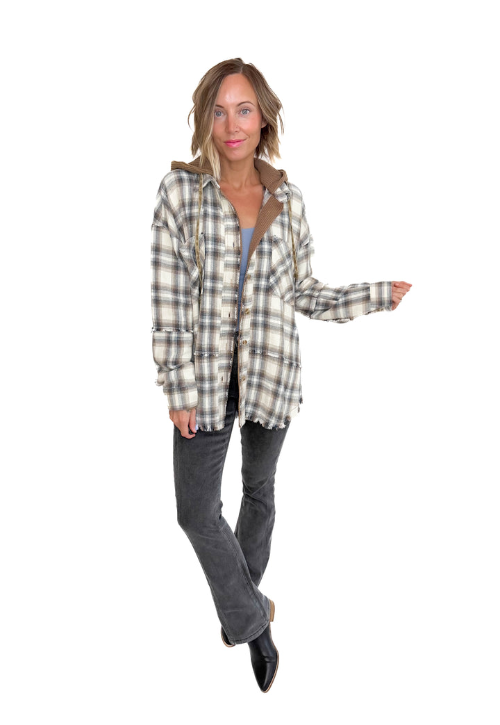 Erin Hooded Plaid Button Down Jacket- MOCHA NAVY