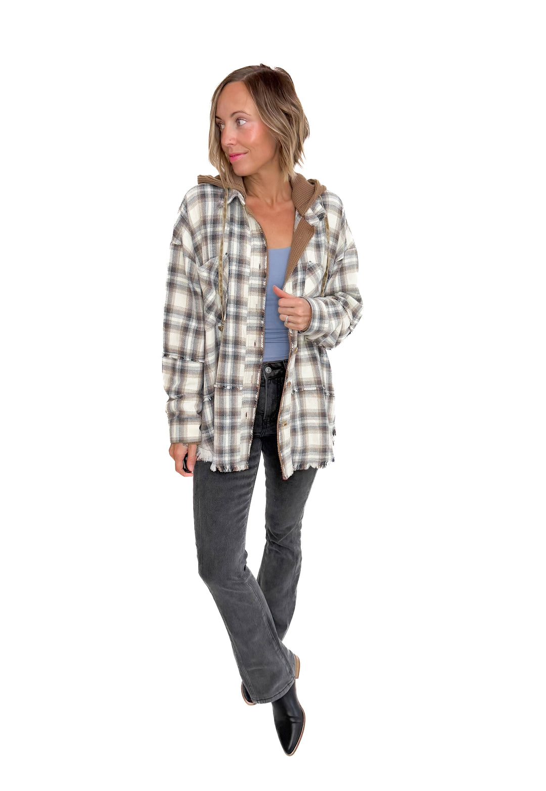 Erin Hooded Plaid Button Down Jacket- MOCHA NAVY