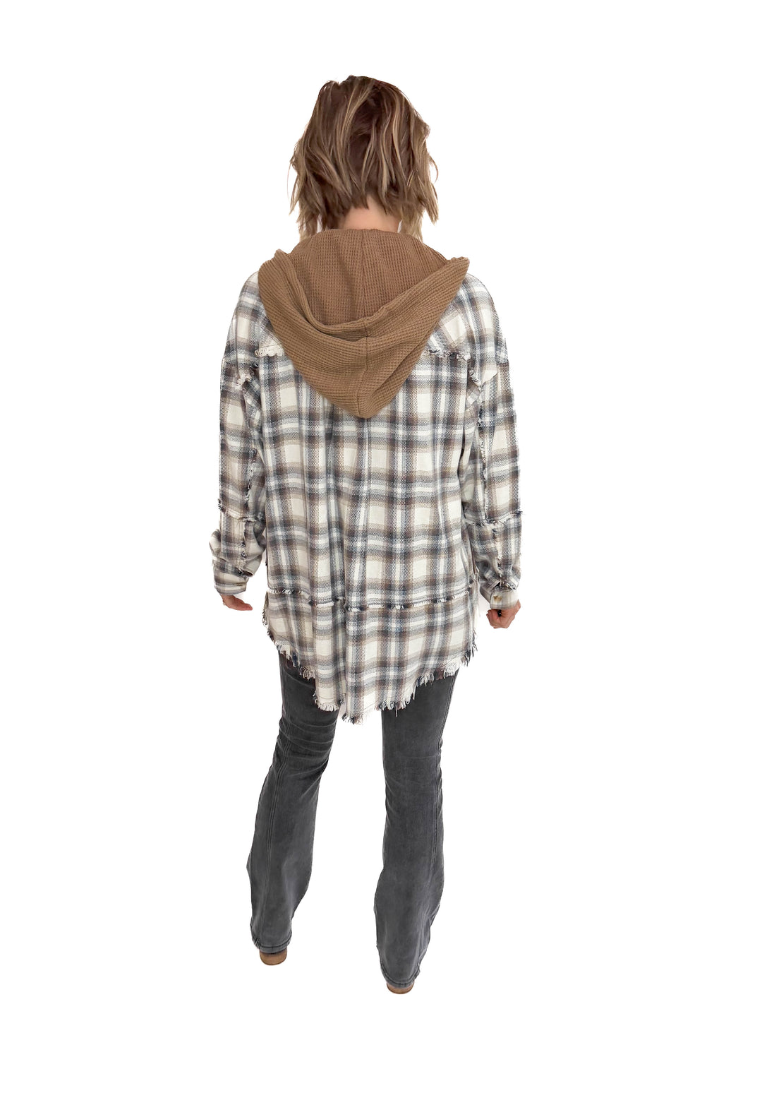 Erin Hooded Plaid Button Down Jacket- MOCHA NAVY