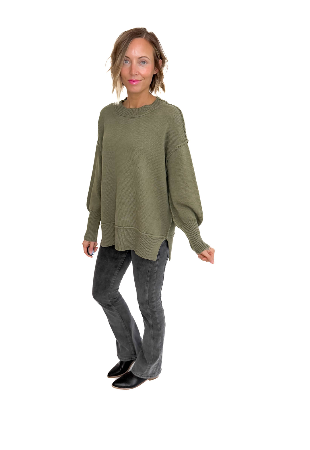 Katie Classic Crewneck Knit Sweater- OLIVE