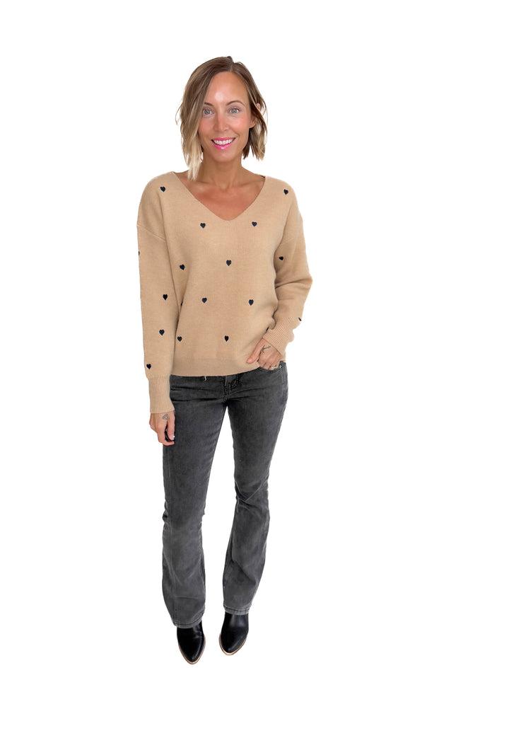 Lovely Embroidered Heart Sweater- TAUPE