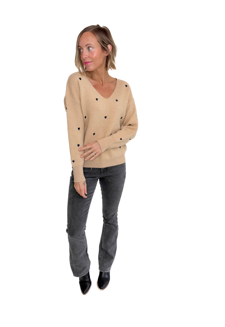 Lovely Embroidered Heart Sweater- TAUPE