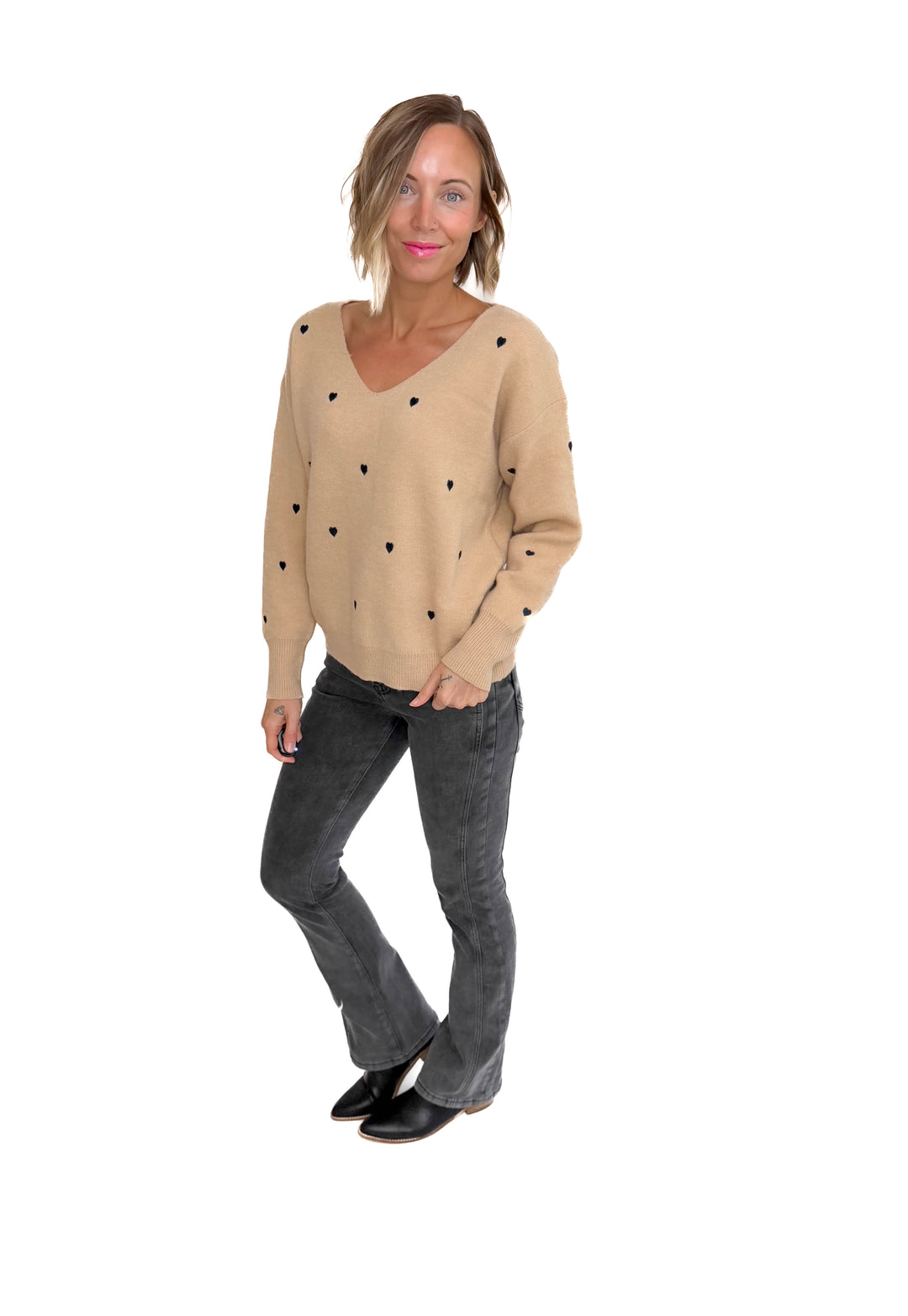 Lovely Embroidered Heart Sweater- TAUPE