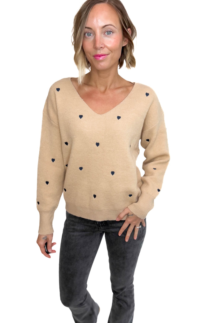 Lovely Embroidered Heart Sweater- TAUPE