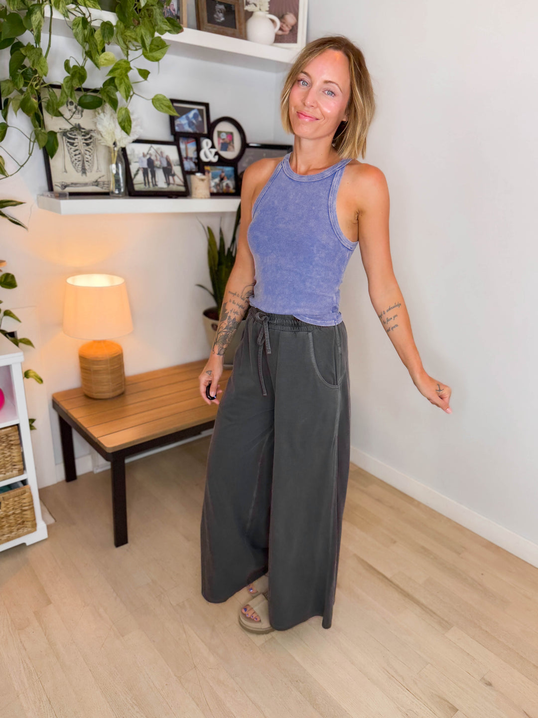 Solana Washed French Terry Wide Leg Pant- BLACK