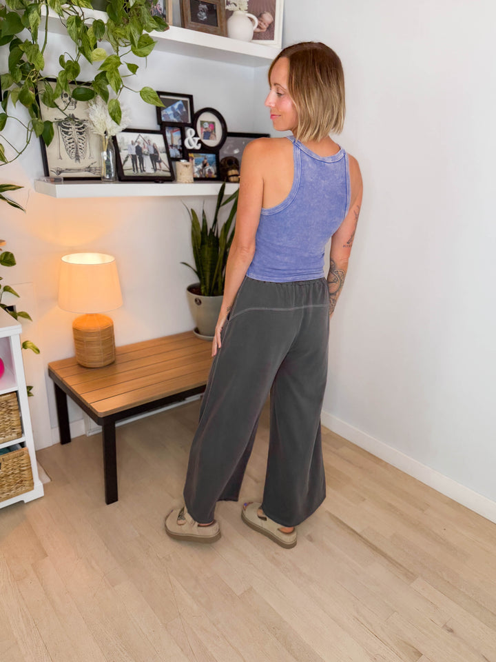 Solana Washed French Terry Wide Leg Pant- BLACK