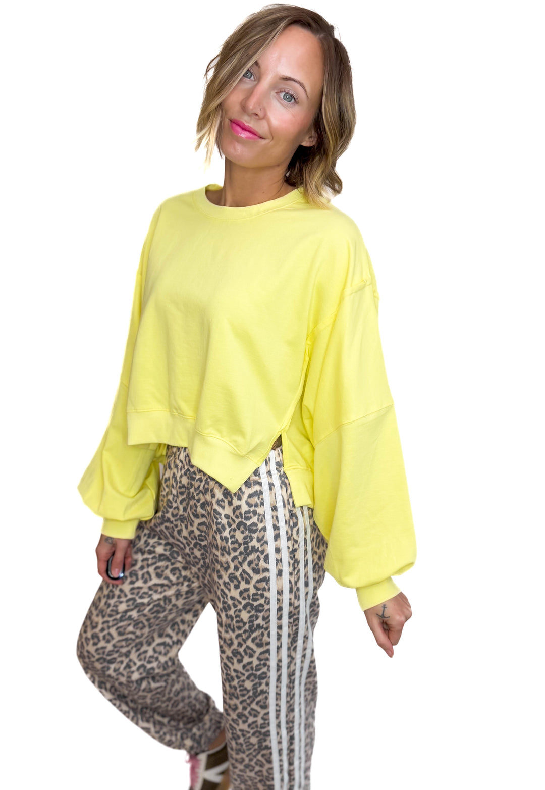 Amelia Cropped Drop Shoulder Pullover- BRIGHT LEMON