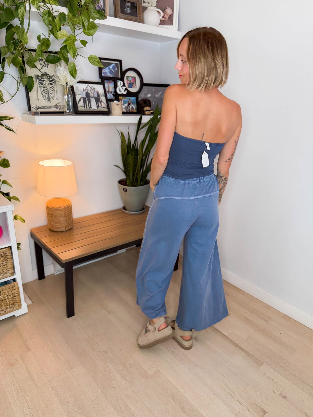 Solana Washed French Terry Wide Leg Pant- DUSTY BLUE