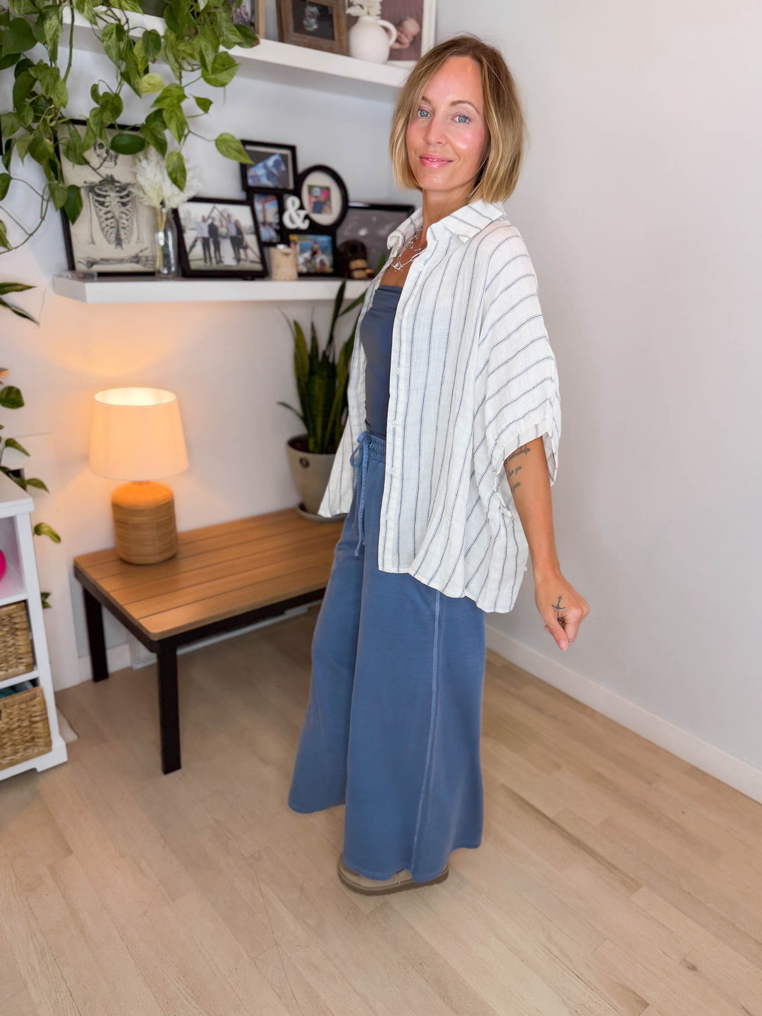Farah Oversized Striped Cotton Blouse- IVORY-FINAL SALE