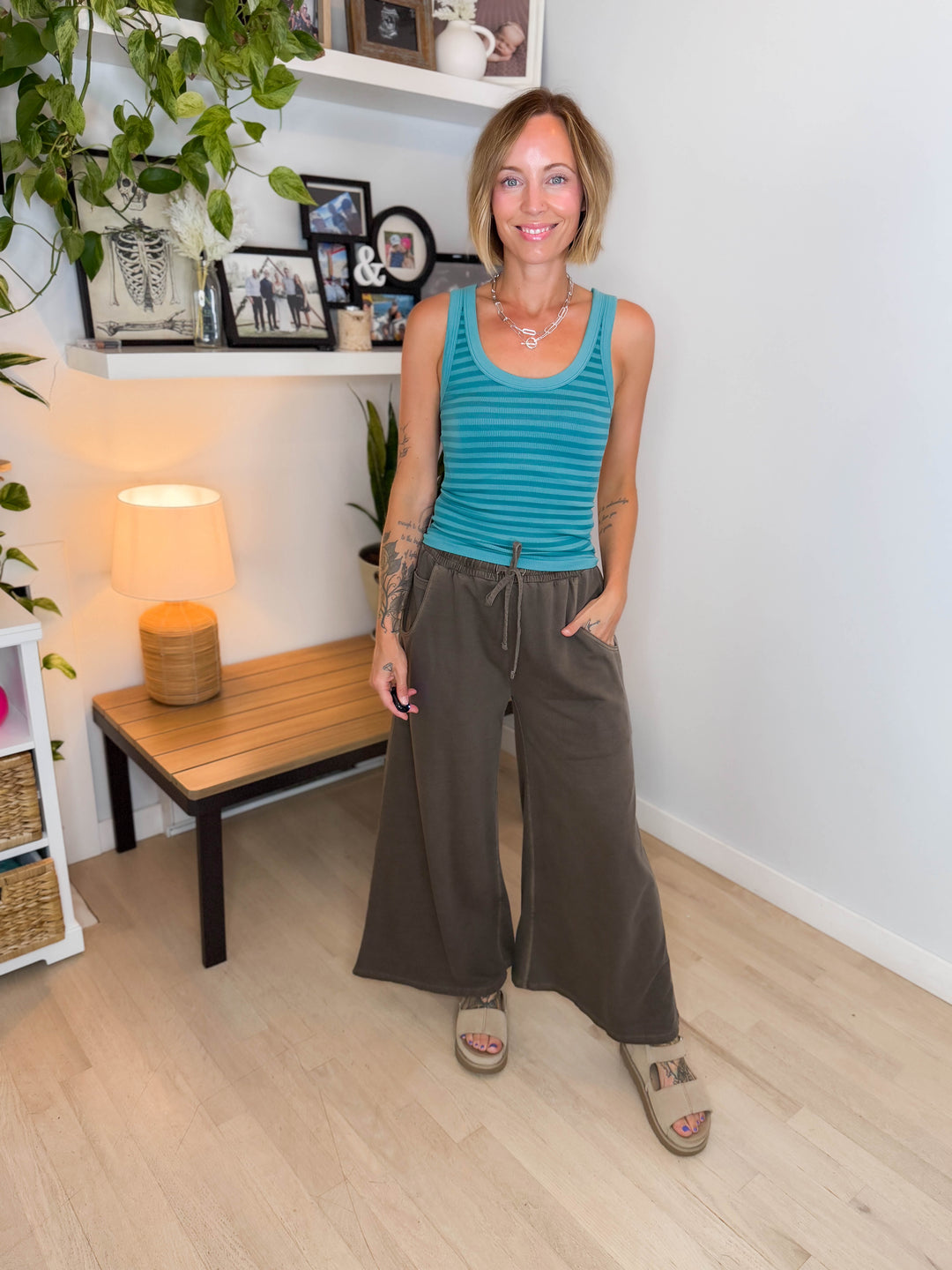 Solana Washed French Terry Wide Leg Pant- BROWN