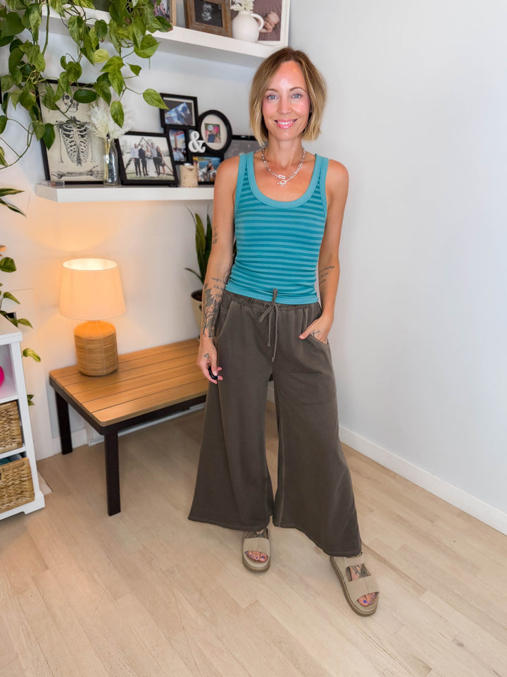 Solana Washed French Terry Wide Leg Pant- BROWN