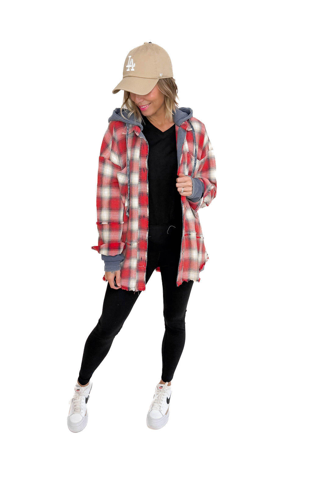 Erin Hooded Plaid Button Down Jacket- NAVY RED