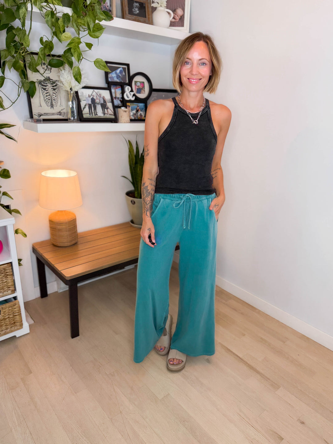 Solana Washed French Terry Wide Leg Pant- TEAL