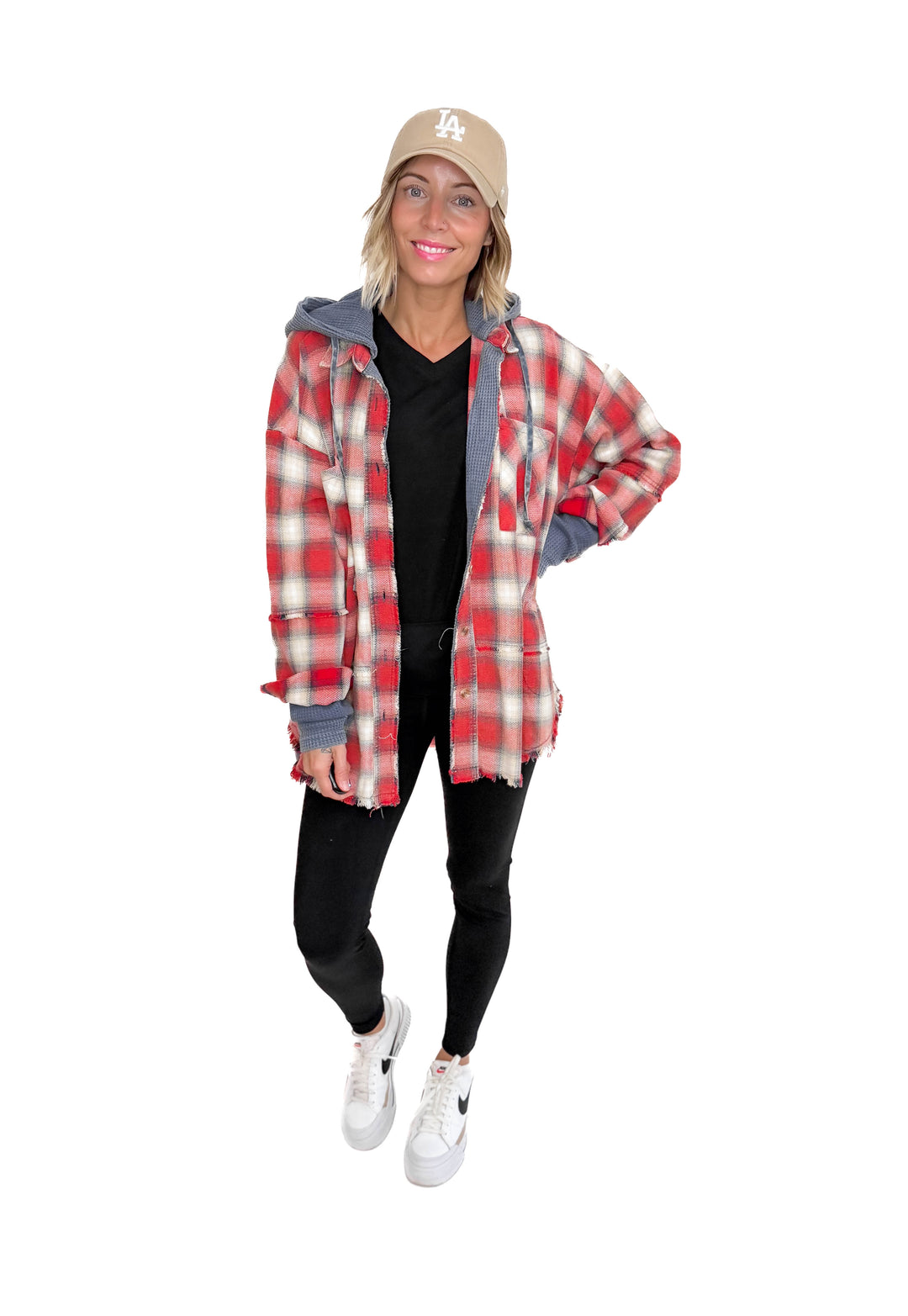 Erin Hooded Plaid Button Down Jacket- NAVY RED