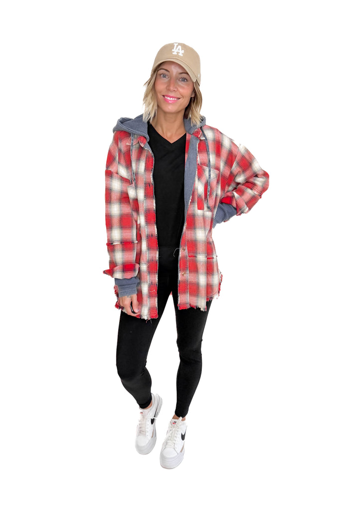 Erin Hooded Plaid Button Down Jacket- NAVY RED