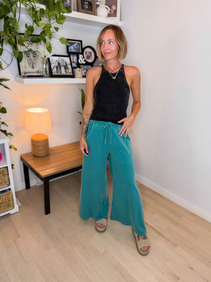 Solana Washed French Terry Wide Leg Pant- TEAL