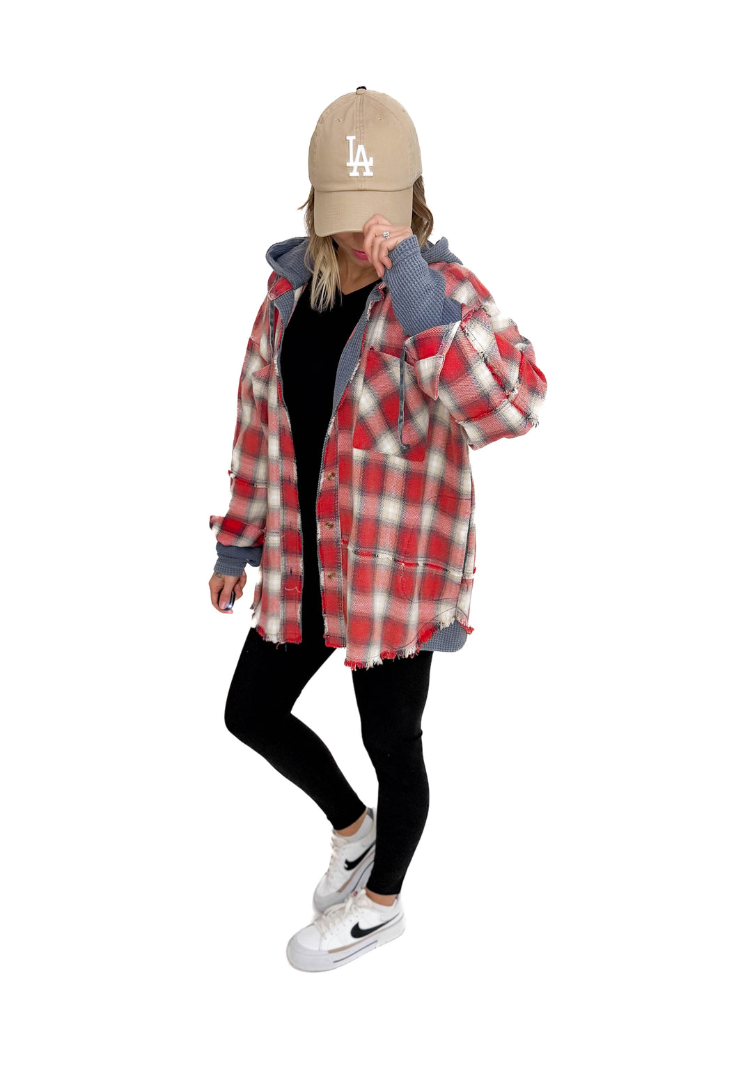 Erin Hooded Plaid Button Down Jacket- NAVY RED