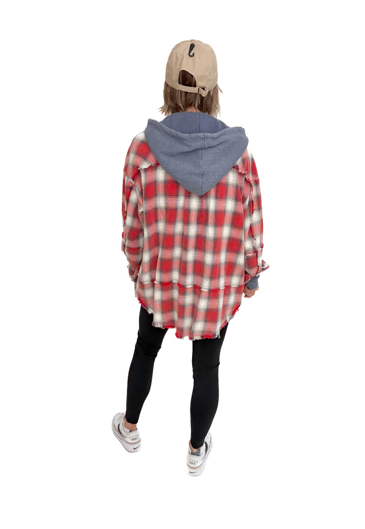 Erin Hooded Plaid Button Down Jacket- NAVY RED