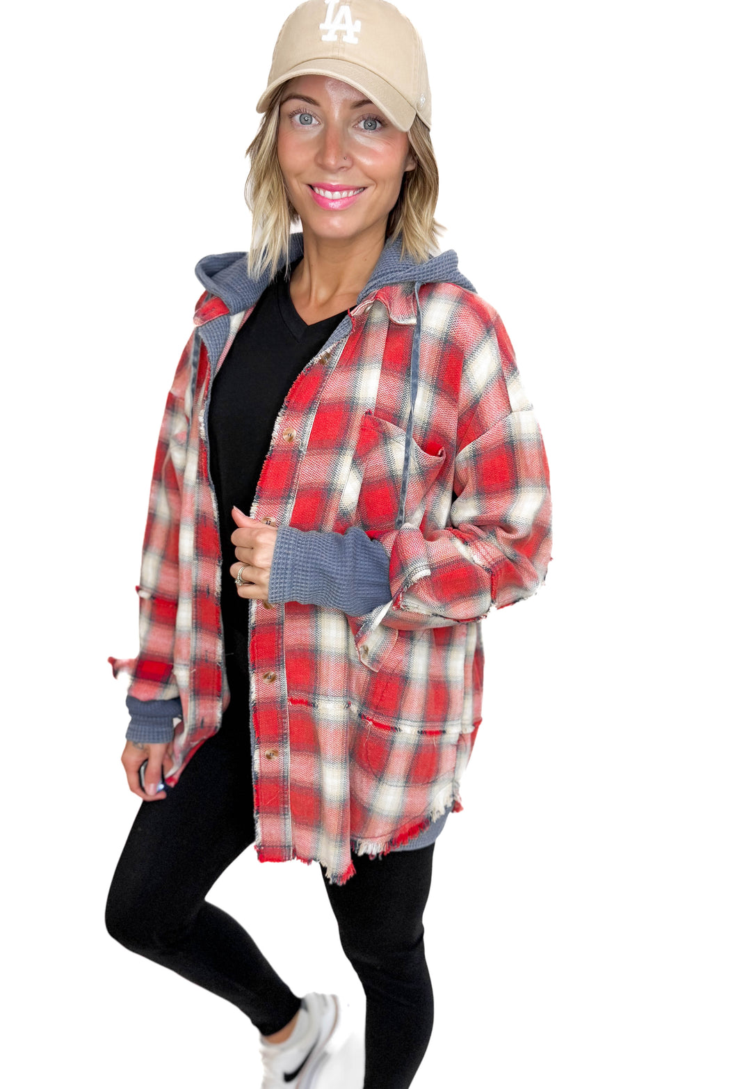 Erin Hooded Plaid Button Down Jacket- NAVY RED