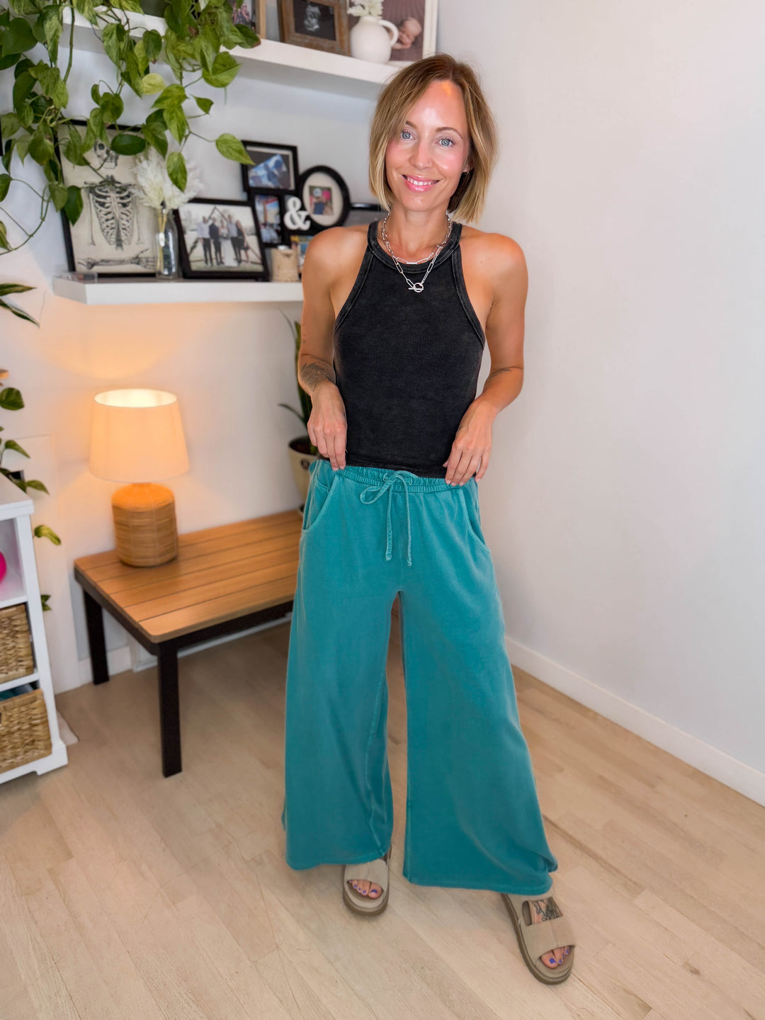 Solana Washed French Terry Wide Leg Pant- TEAL