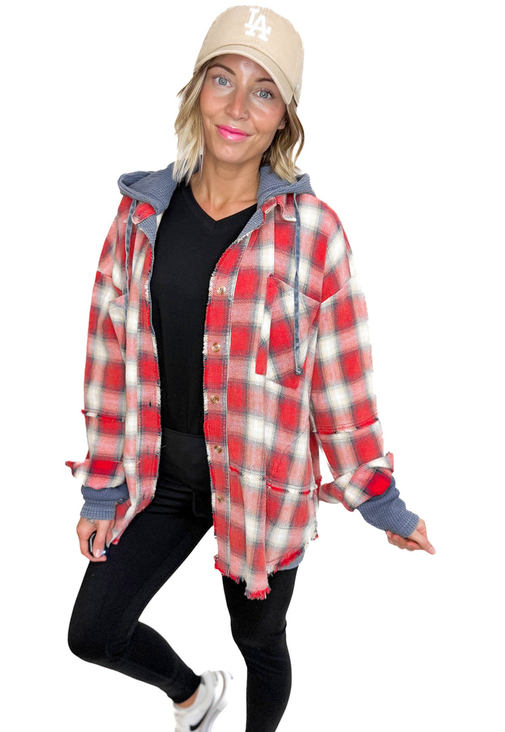 Erin Hooded Plaid Button Down Jacket- NAVY RED