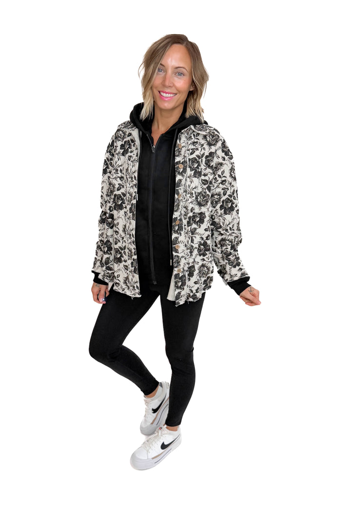 Rosette Vintage Rose Twill Shacket- GREY/BLACK