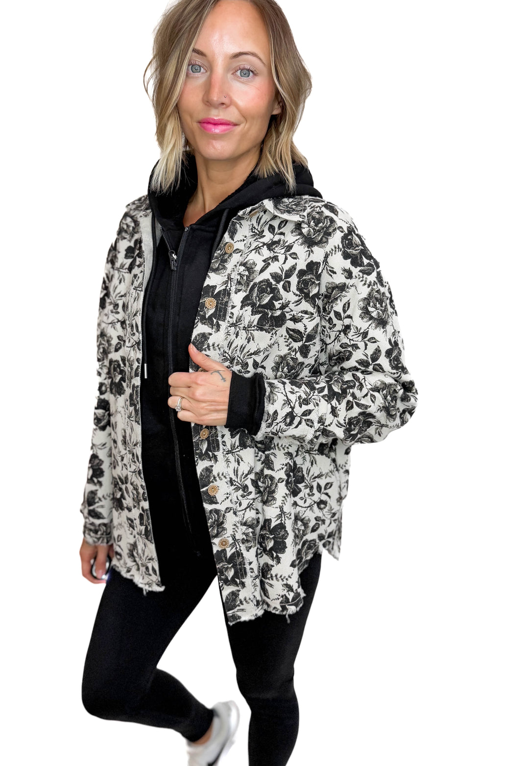 Rosette Vintage Rose Twill Shacket- GREY/BLACK