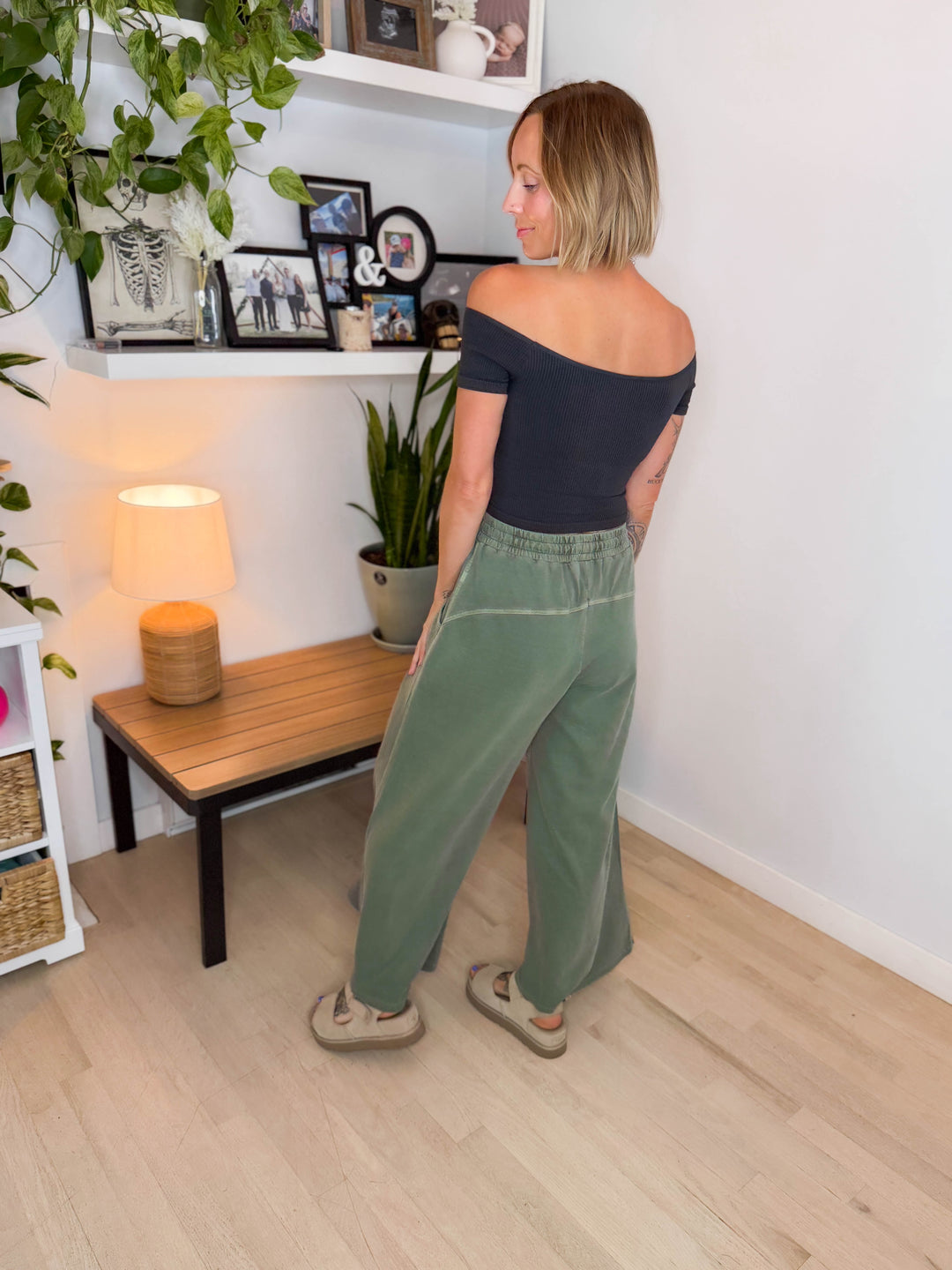 Solana Washed French Terry Wide Leg Pant- ARMY GREEN