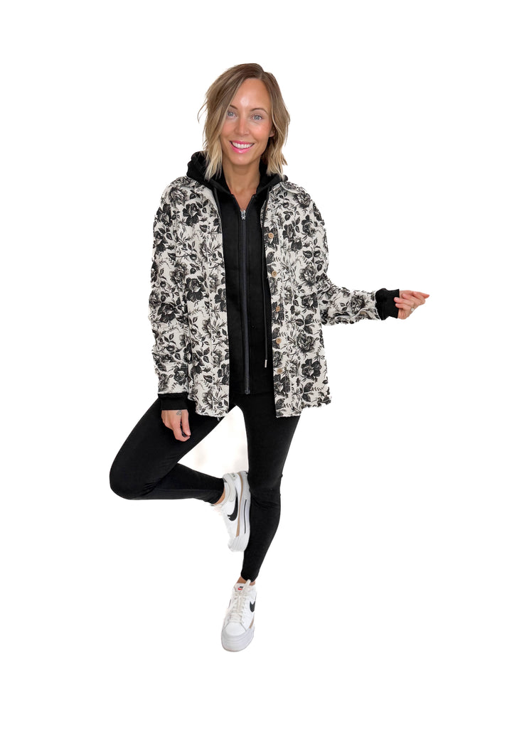 Rosette Vintage Rose Twill Shacket- GREY/BLACK