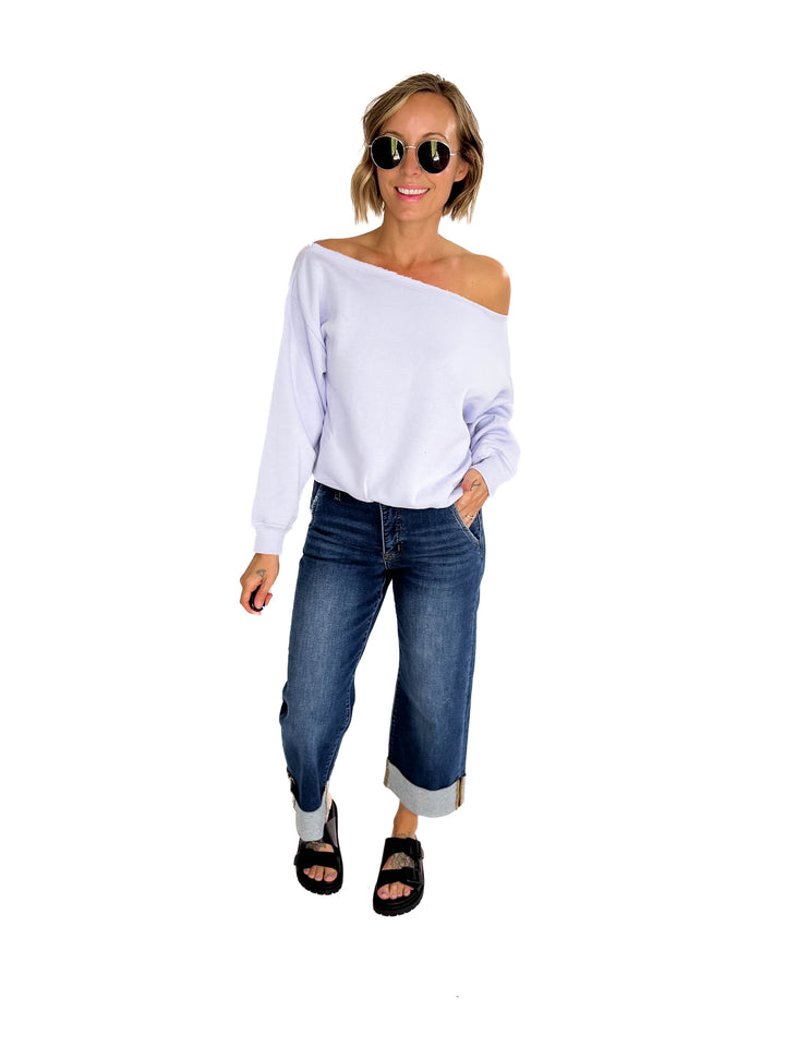 Janice Fleece Off Shoulder Top- IRIS-FINAL SALE
