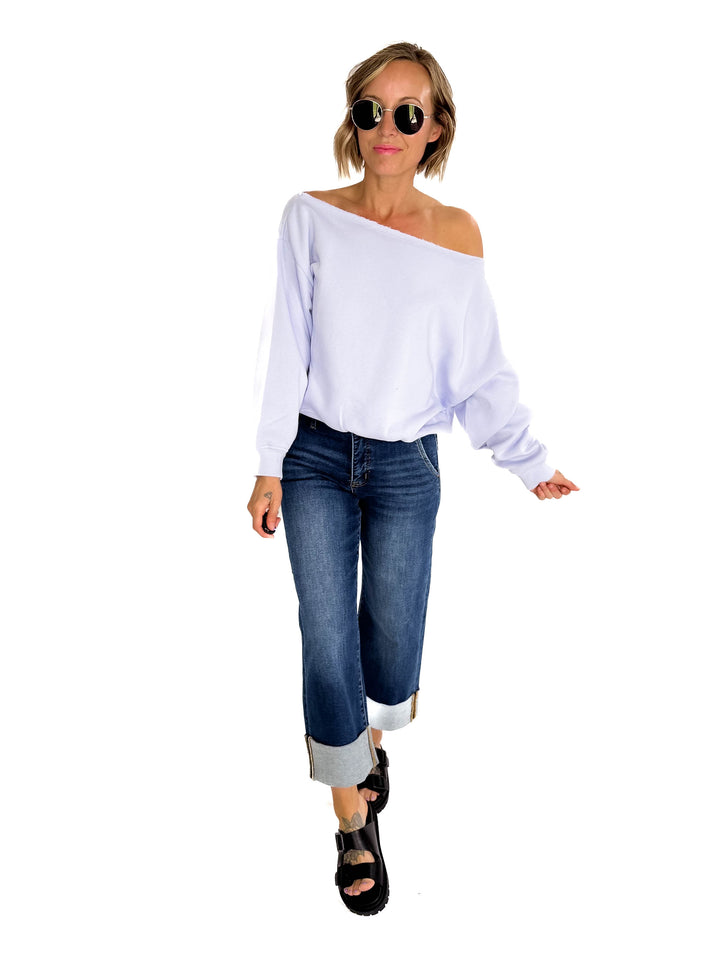 Janice Fleece Off Shoulder Top- IRIS-FINAL SALE