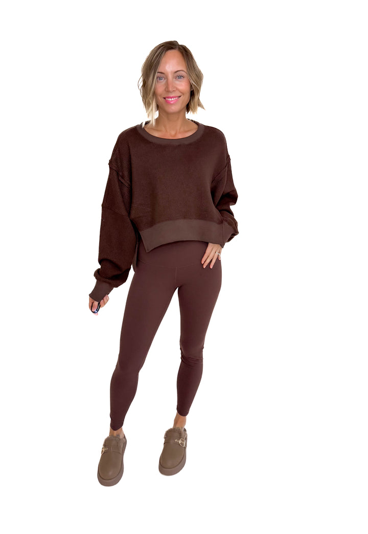 Remmy Waffle Knit Oversized Pullover- DARK CHOCOLATE