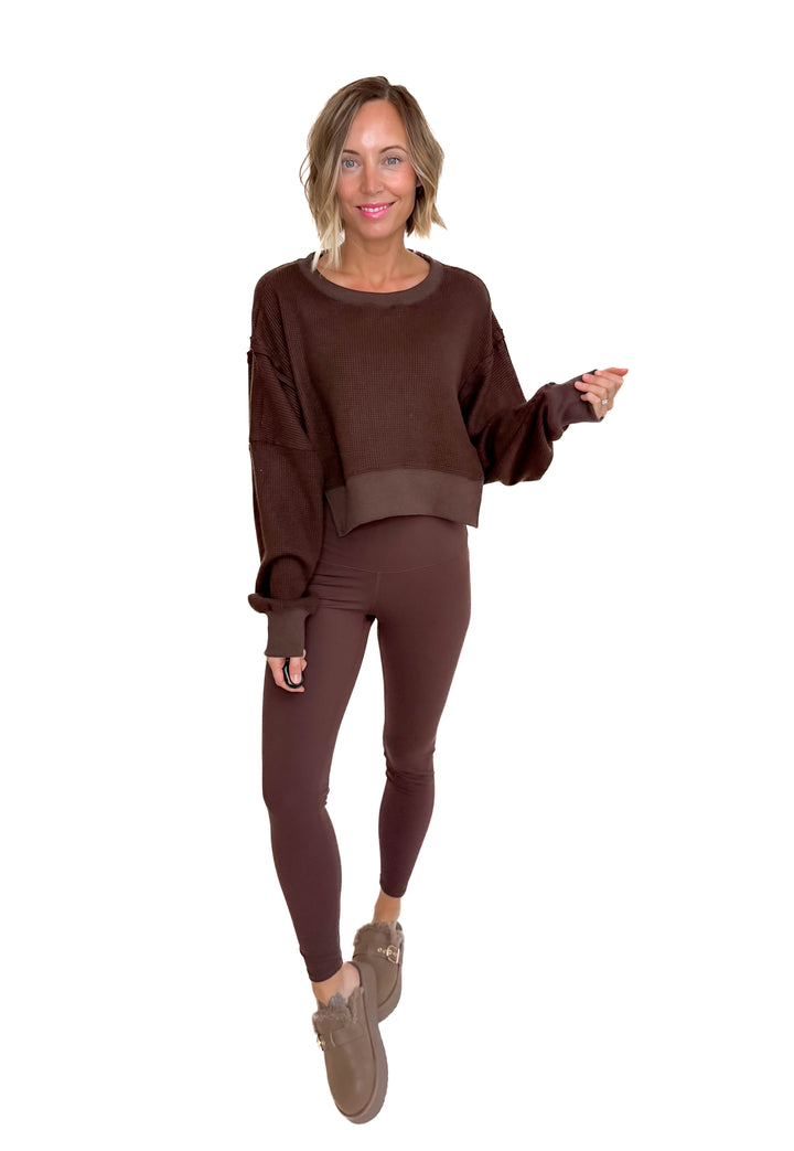 Remmy Waffle Knit Oversized Pullover- DARK CHOCOLATE