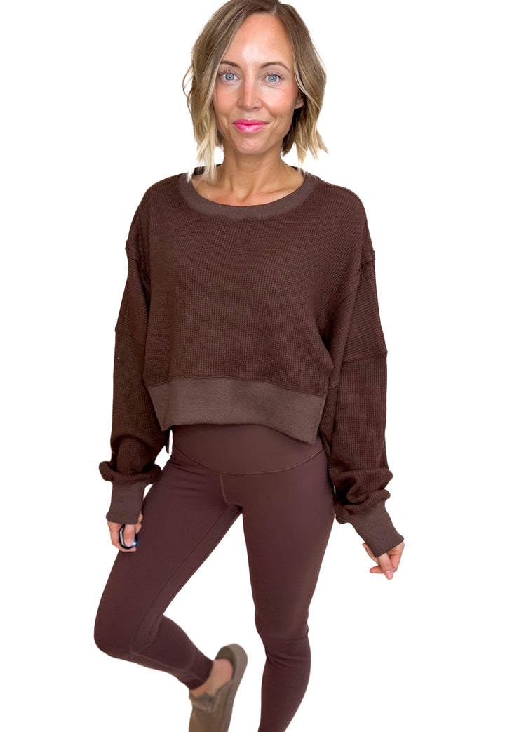 Remmy Waffle Knit Oversized Pullover- DARK CHOCOLATE