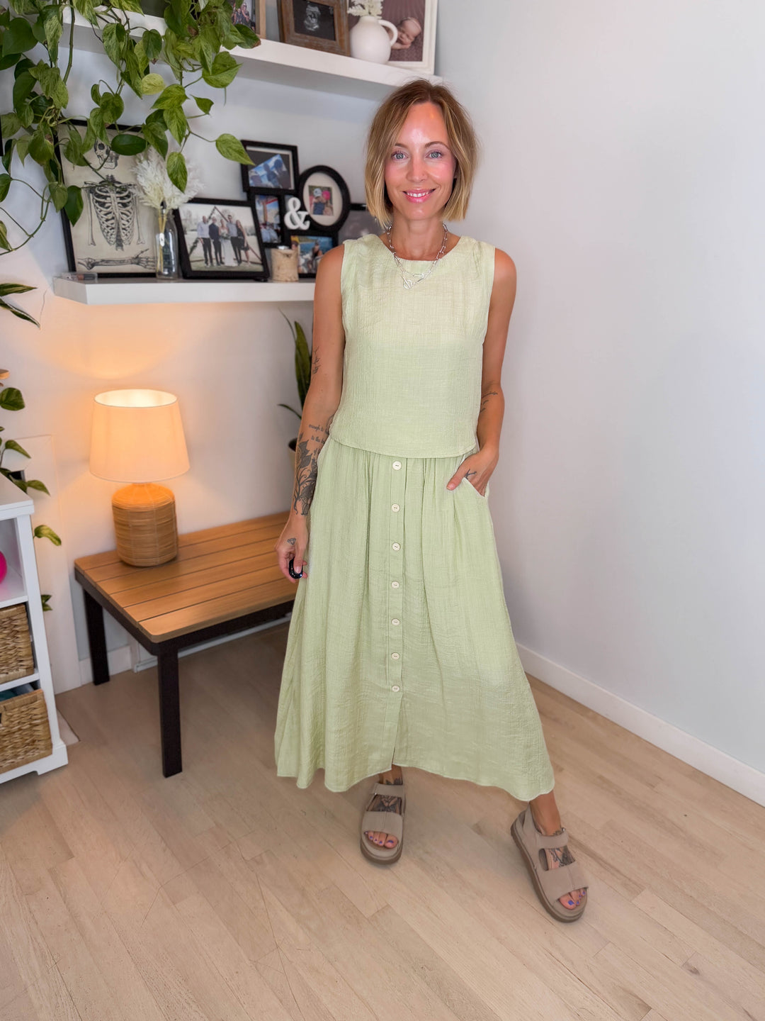 Pineapple Textured Button Skirt & Top Set- LIGHT OLIVE