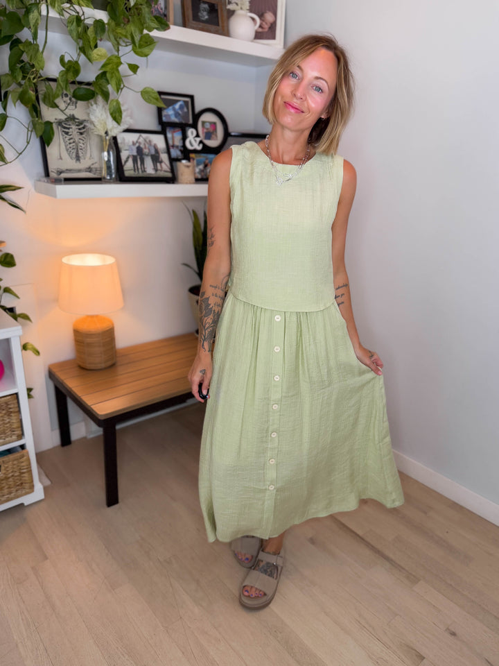 Pineapple Textured Button Skirt & Top Set- LIGHT OLIVE