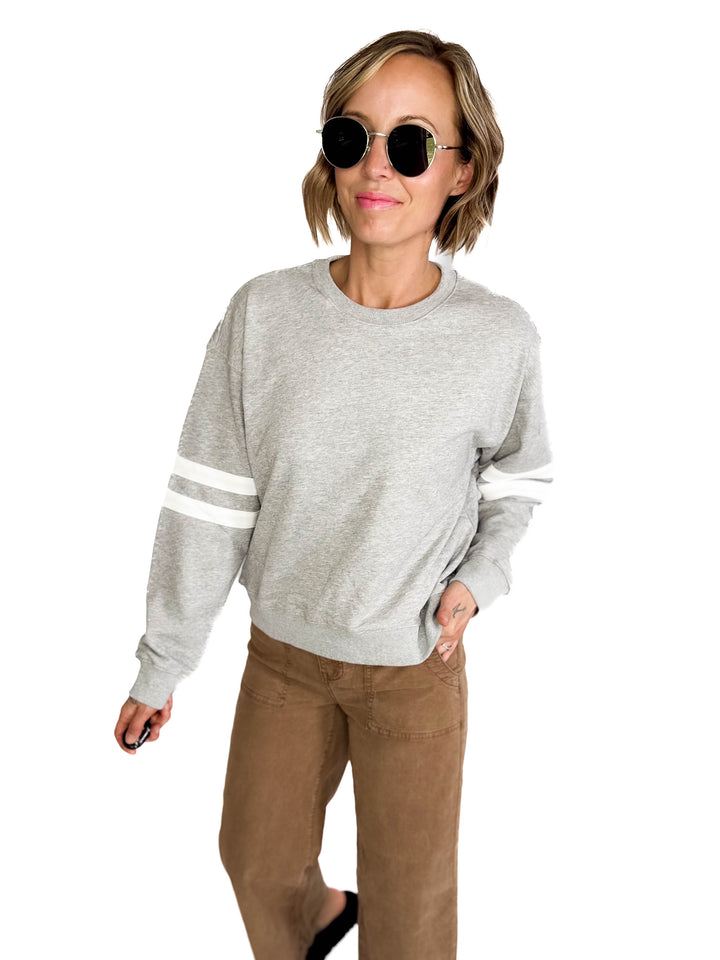 Varsity Striped Knit Pullover- HEATHER GREY-FINAL SALE