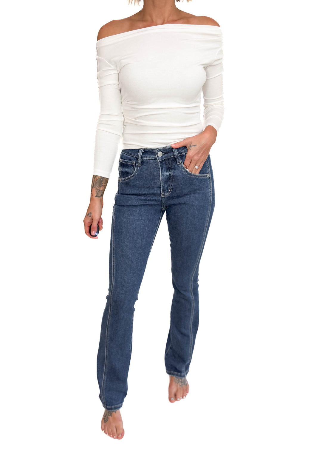 Mica Ria High Rise Bootcut Side Panel Tummy Tuck Jeans- MEDIUM WASH