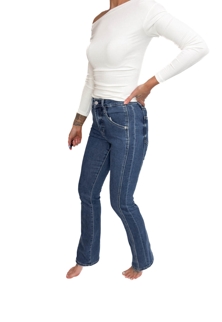 Mica Ria High Rise Bootcut Side Panel Tummy Tuck Jeans- MEDIUM WASH