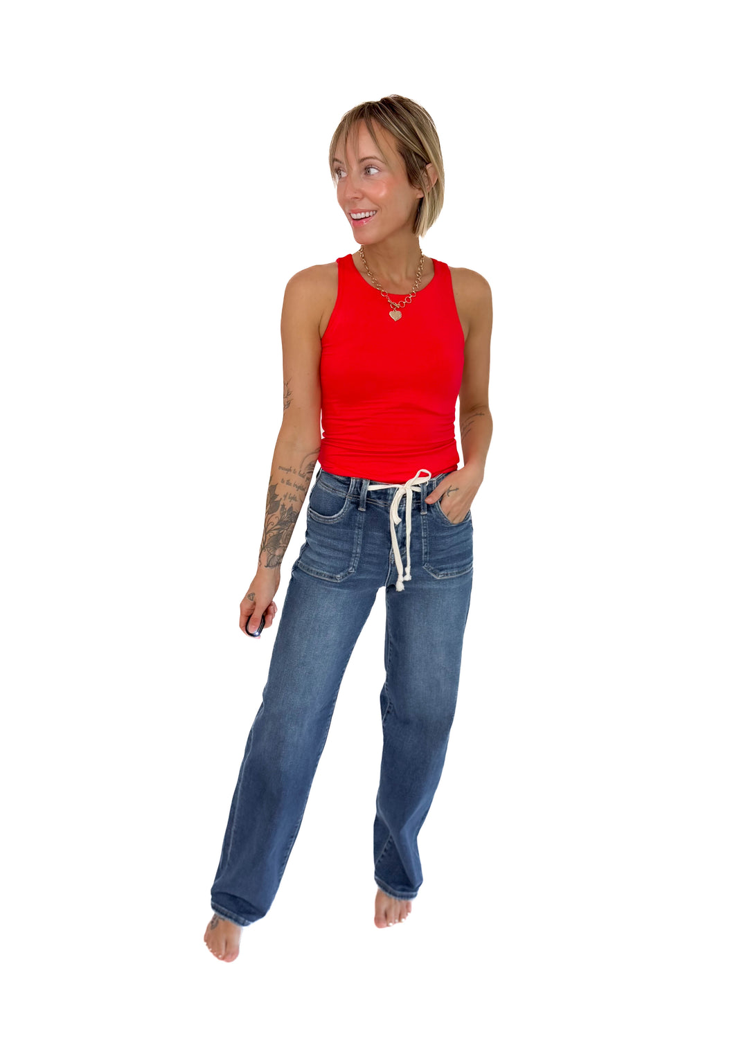 RISEN Harlet Tie Waist Relaxed Straight Leg- MEDIUM WASH