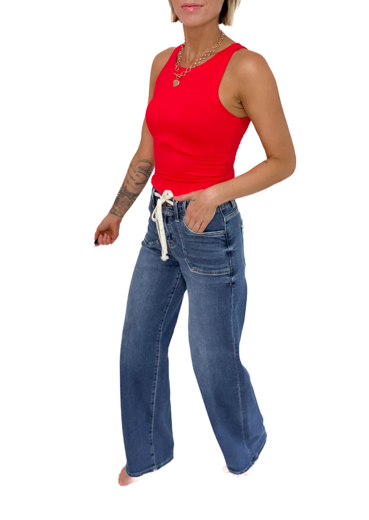 RISEN Harlet Tie Waist Relaxed Straight Leg- MEDIUM WASH