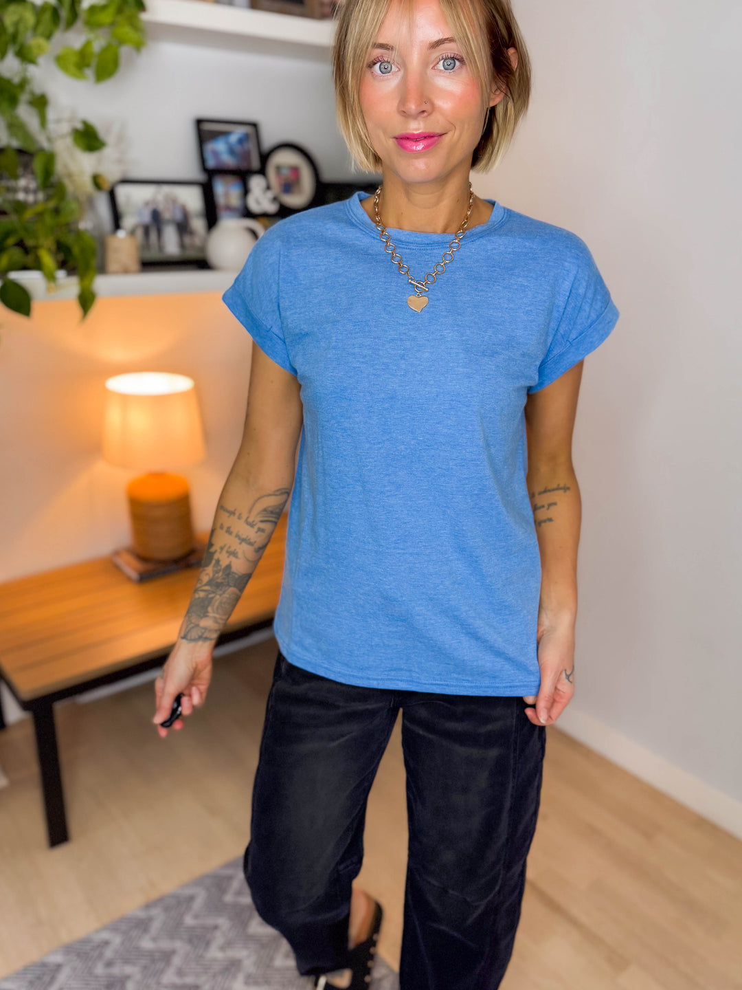 Addison Cotton Folded Sleeve T-Shirt- HEATHER OCEAN BLUE