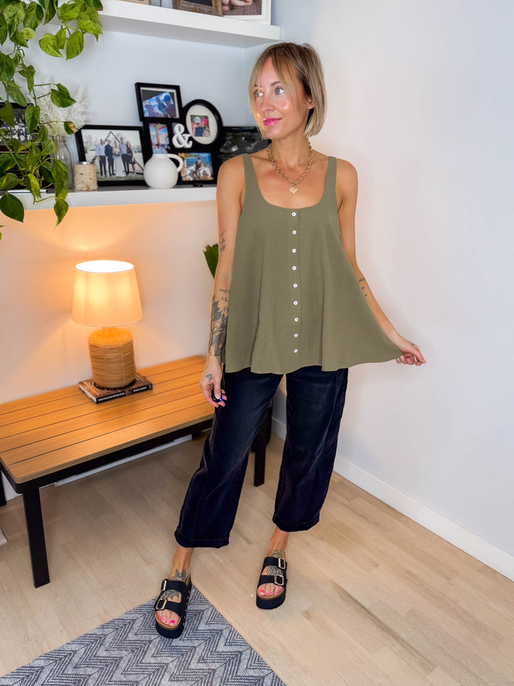 Kalli Cotton Gauze Button Tank- OLIVE