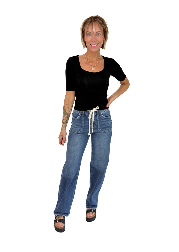 Natalia 1/2 Sleeve Jersey Knit Top- BLACK